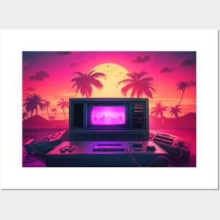 Retro Futuristic Computer Synthwave Sun And Palms Posters and Art